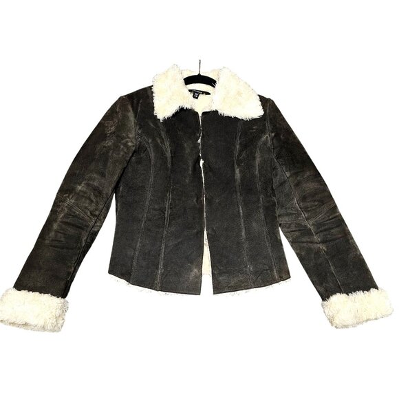 Express Women's Brown Suede Jacket With Faux Shearling Lining Size 9/10 Warm & S - Picture 1 of 11